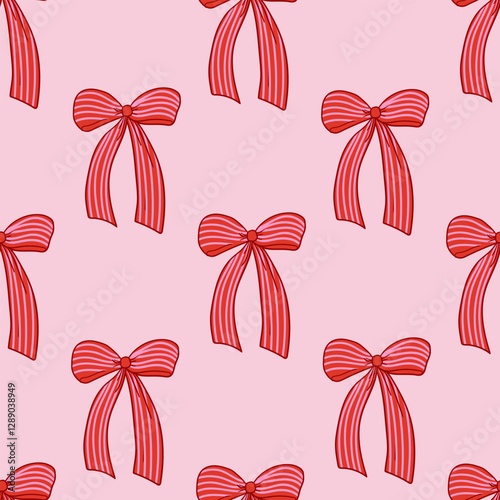 Seamless pattern with red hand drawn bows with stripes. Vector background in coquette retro aesthetic with ribbons. Fashionable clipart for holidays, valentines day, birthday, etc