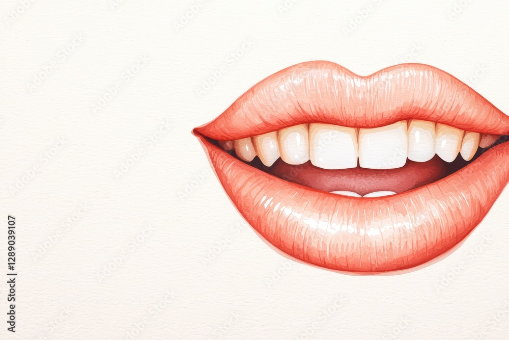 Fototapeta premium Watercolor Illustration of Smiling Lips with Perfect White Teeth