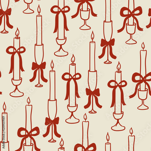 Seamless pattern with candles and bows. Vector hand drawn background in sketch style. Coquette vintage aesthetic