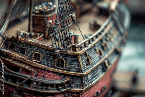 A detailed view of a scale model of a ship's hull and superstructure