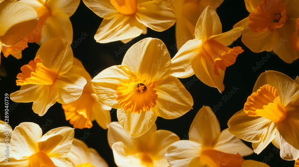 Obraz premium Vibrant spring display of floating yellow daffodil petals on dark background
