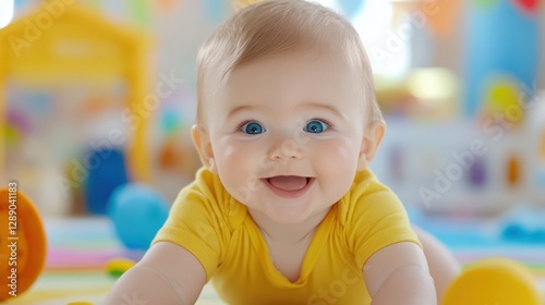 Pure Joy: A baby lies on the floor, beaming with an infectious, genuine, and captivating smile. This portrait perfectly encapsulates the happiness and wonder of early childhood.