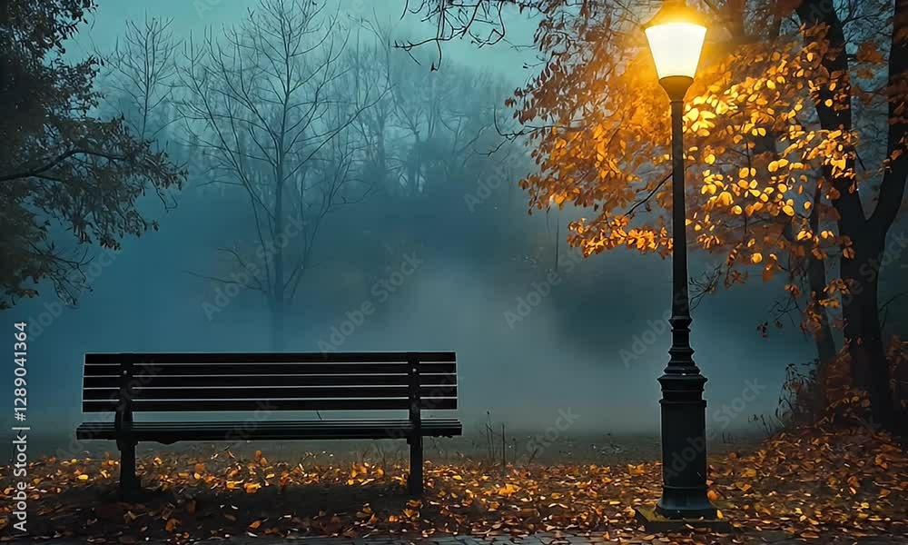 Illuminated park bench in a misty autumnal scene with a single lamppost.