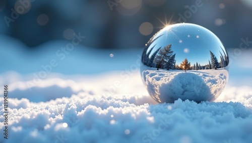 Metallic silver sphere resting on a snowy, frosty surface, glitzy, sparkles
