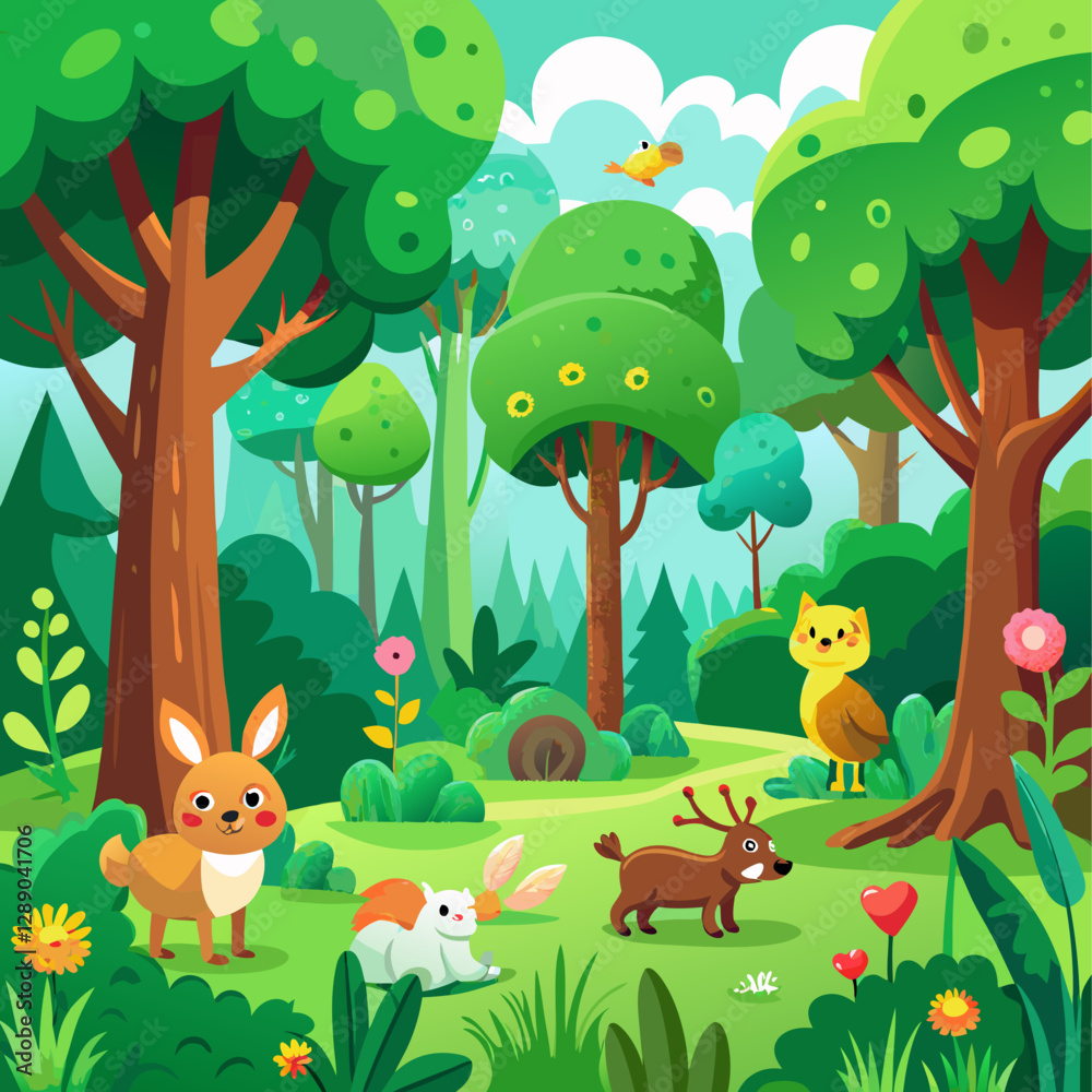 Obraz premium Cartoon Animals in a Lush Forest