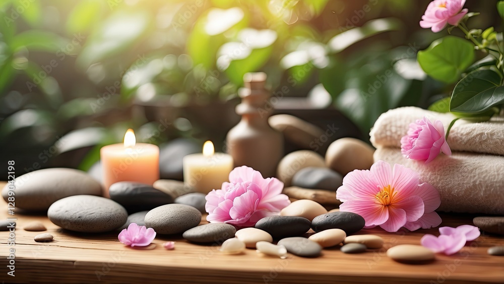 A serene spa setting featuring neatly folded towels A serene spa setting featuring neatly folded towels