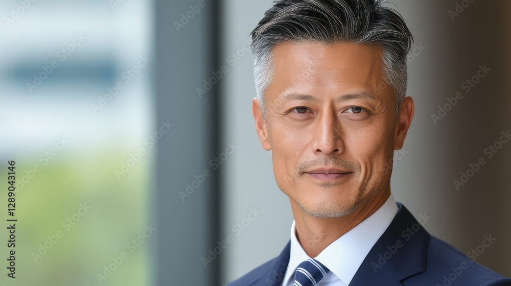 Confidence Embodied: A sophisticated Asian man exudes a commanding presence, his poised demeanor and sharp business attire reflect success and experience