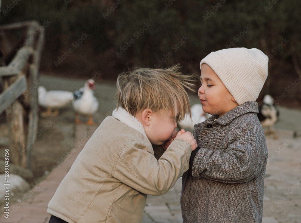 Two little boys stand on a farm among geese, warming each other’s hands. They hold onto each other and blow on their hands to keep warm. A cozy rural moment in cold weather. Two little boys stand on a farm among geese, warming each other’s hands. They hold onto each other and blow on their hands to keep warm. A cozy rural moment in cold weather.