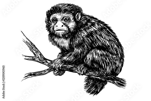 Black sketch effect marmoset illustration, trendy vintage art, hand-drawn wildlife, wall decor, animal art, old engraving style, white background.
