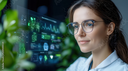 woman in glasses interacts with futuristic holographic medical display, surrounded by greenery