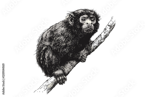 Trendy marmoset wildlife illustration, hand-drawn black sketch effect, vintage art, old engraving style, animal art, wall decor, white background.