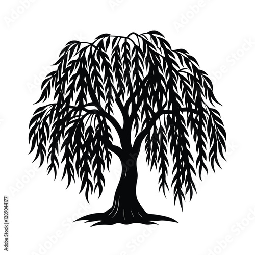 Elegant Willow Tree with Draping Branches in Silhouette Style