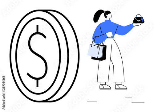 Woman holding shopping bags and wallet beside large dollar coin. Ideal for retail, consumer behavior, finance, economy, spending habits, monetary concepts, shopping lifestyle. Simple abstract line