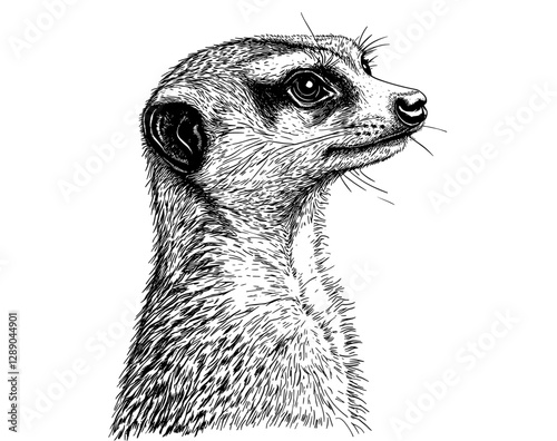 Wildlife illustration of meerkat in antique style, hand-drawn black sketch, small African animal, vintage engraving, print design, trendy vector, nature-inspired art.