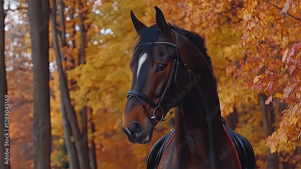 Fototapeta premium Majestic dark horse in autumn forest