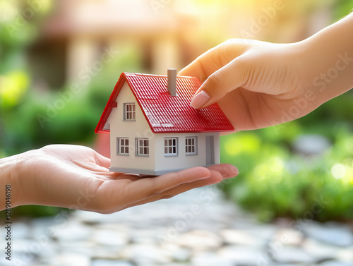 A symbolic image of a small house model being handed from one person to another, representing home ownership, real estate transactions, or mortgage approval