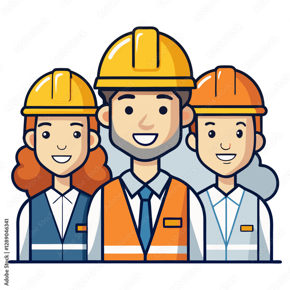 Team of Happy Construction Workers in Safety Helmets – Workplace Safety Illustration Team of Happy Construction Workers in Safety Helmets – Workplace Safety Illustration
