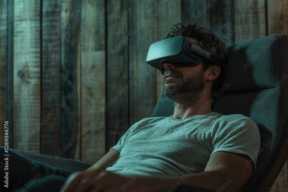 A man relaxes in a comfortable chair, immersed in a virtual reality experience. A man relaxes in a comfortable chair, immersed in a virtual reality experience.