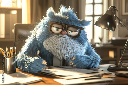 Cartoon monster working in office or Friendly person teacher sitting at desk in school. Game and learning environment or a cheerful congratulation to professional administrative day