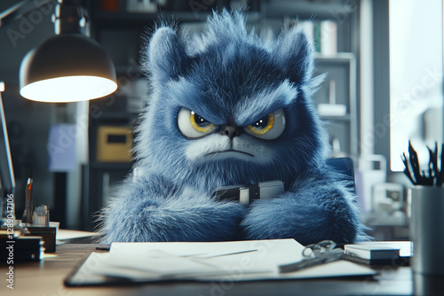 Grumpy monster character in workplace, Angry boss sitting at desk in dimly lit office, illuminated by desk lamp symbolizing toxic leadership, workplace stress, and deadline pressure