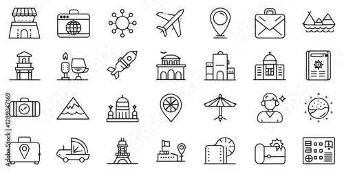Travel line icon set. Set of 30 outline icons related