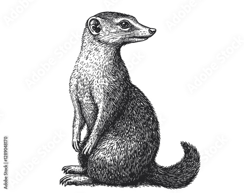 Antique style mongoose illustration, wildlife vector, predator art, hand-drawn black sketch effect, trendy print design, small animal, vintage engraving, nature print.