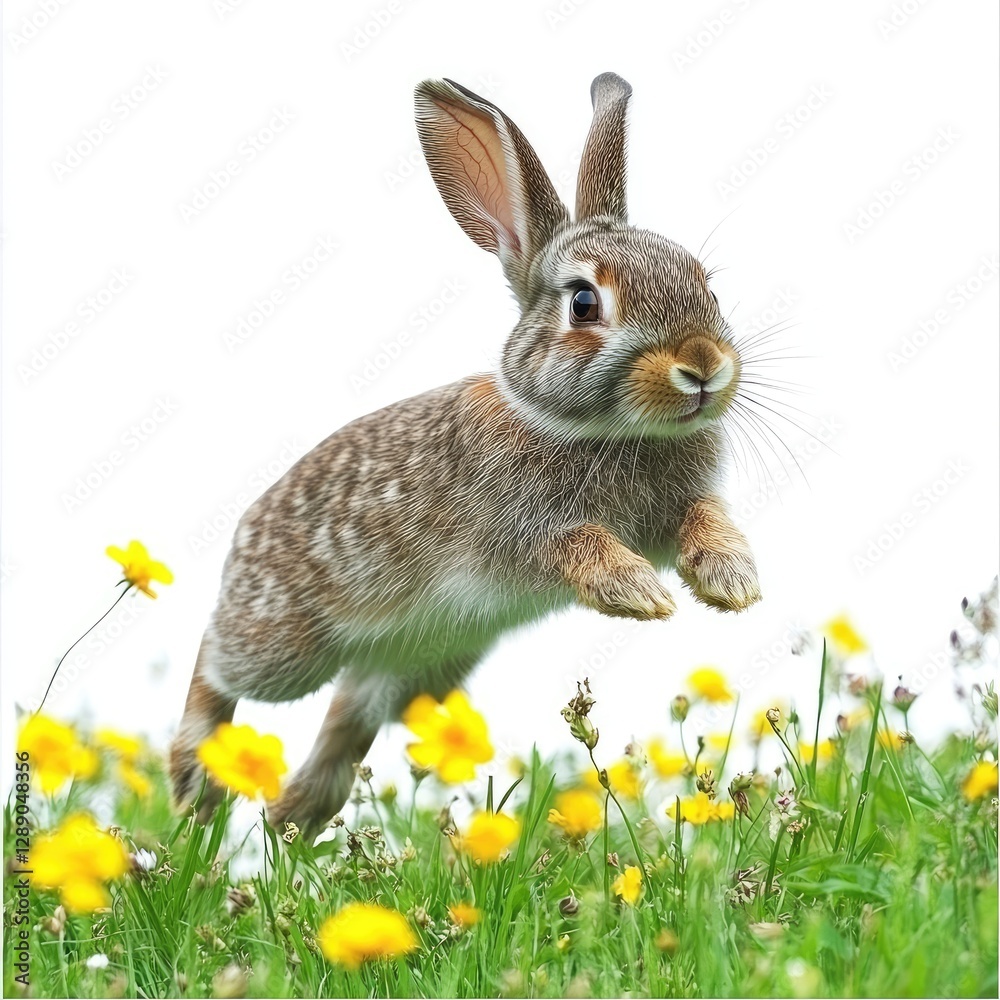 Fototapeta premium A Playful Rabbit Joyfully Leaping Through a Colorful Meadow of Vibrant Wildflowers