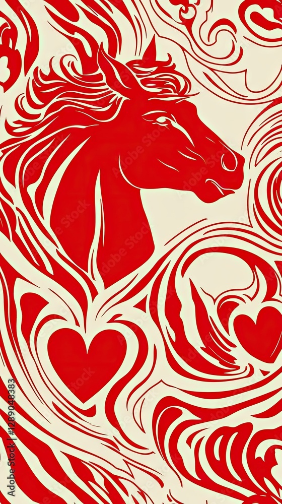 Fototapeta premium Red horse head art deco design, swirls background, Valentine's Day card