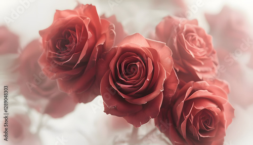 bouquet of pink roses on a white background, Close-Up Of Vibrant Pink Roses With Soft Ethereal Glow