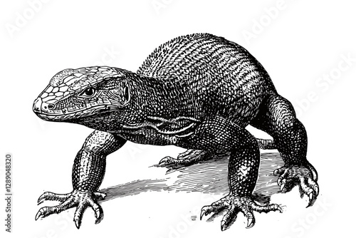 Hand-drawn reptile art, monitor lizard in vintage illustration style, black sketch effect, trendy design, wildlife print, engraving, wildlife artwork, nature print, animal design