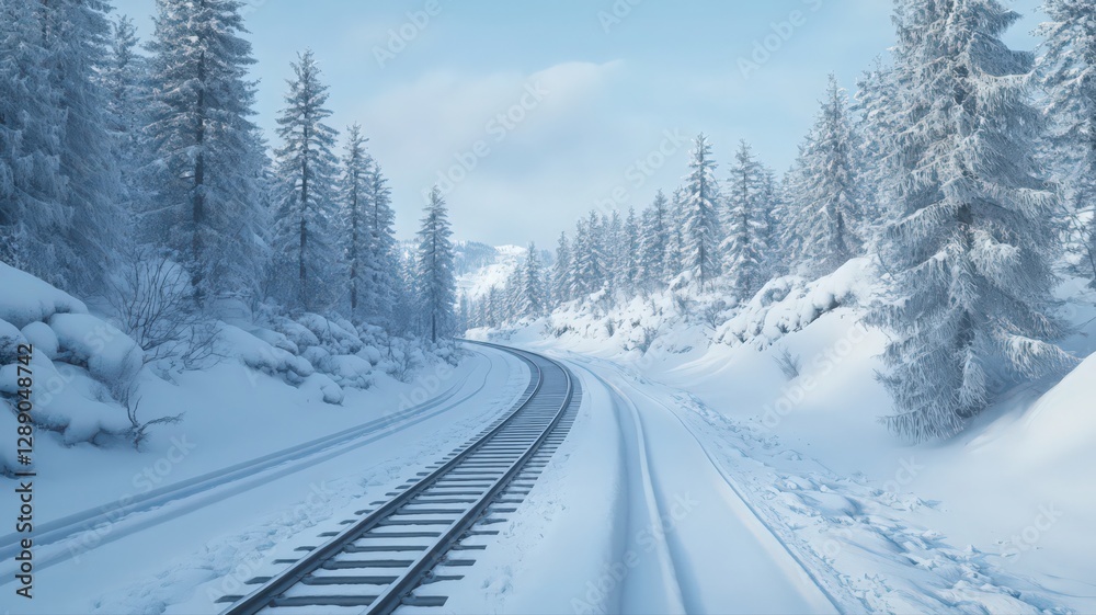 Snowy winter landscape with a train track winding through a snow covered forest. Blue sky, cold atmosphere Snowy winter landscape with a train track winding through a snow covered forest. Blue sky, cold atmosphere