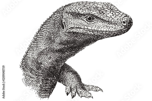 Monitor lizard vintage engraving, hand-drawn sketch, reptile art, black design on white background, trendy wildlife print, detailed illustration, nature art, animal print