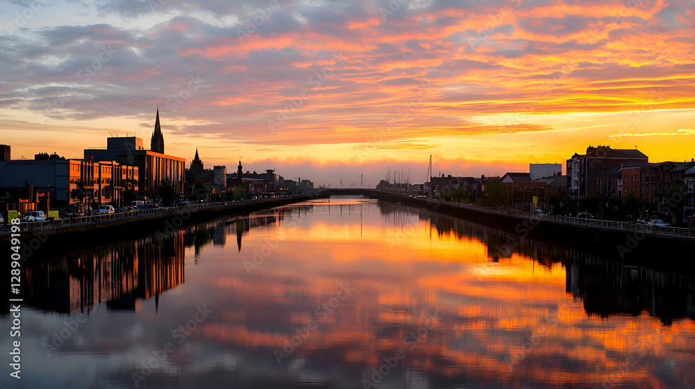 Naklejka premium Orange Sunset over City River Reflection