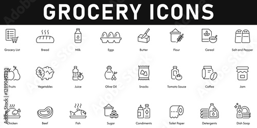 Grocery Icons vector illustration with thin line editable stroke containing dish soap, detergent, sugar, fish, beef, chicken, jam, coffee, snacks, juice, vegetables, fruits, cereal, flour, butter, egg