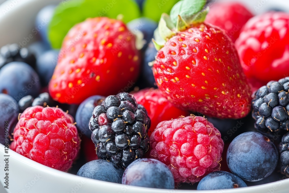 Mymixzer3 Berries Bowl Delight - A vibrant mix of fresh strawberries, raspberries, blackberries, and blueberries in a white bowl. Symbolizing: freshness, health, abundance, sweetness, and summer Mymixzer3 Berries Bowl Delight - A vibrant mix of fresh strawberries, raspberries, blackberries, and blueberries in a white bowl. Symbolizing: freshness, health, abundance, sweetness, and summer