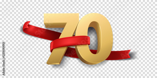 70th Year anniversary celebration background. 3D Golden number wrapped with red ribbon and confetti, isolated on transparent background.
