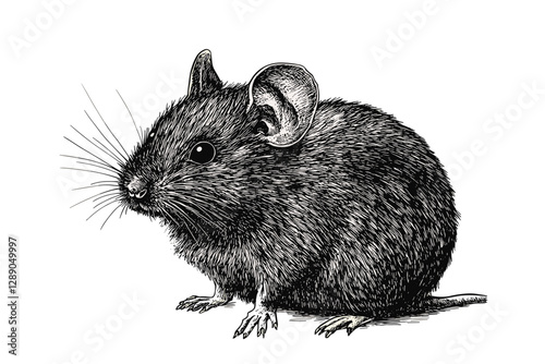 Vintage wildlife illustration, hand-drawn mouse in old engraving style, black sketch effect, animal art, wall decor, trendy decor, classic art, retro design