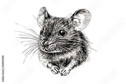 Hand-drawn mouse in black sketch effect, vintage animal art, old engraving style, trendy wildlife illustration, wall decor, artistic wildlife, retro wall art