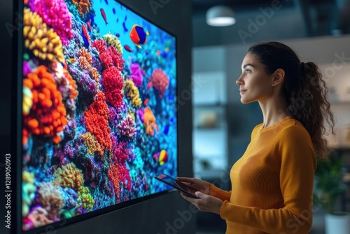 A woman admires a vibrant coral reef displayed on a large, high-definition screen. photo