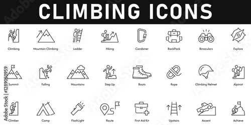 Climbing Icons vector illustration with thin line editable stroke containing achieve, ascent, upstairs, route, camp, rope, boots, mountains, falling, summit, explore, binoculars, backpack, hiking.