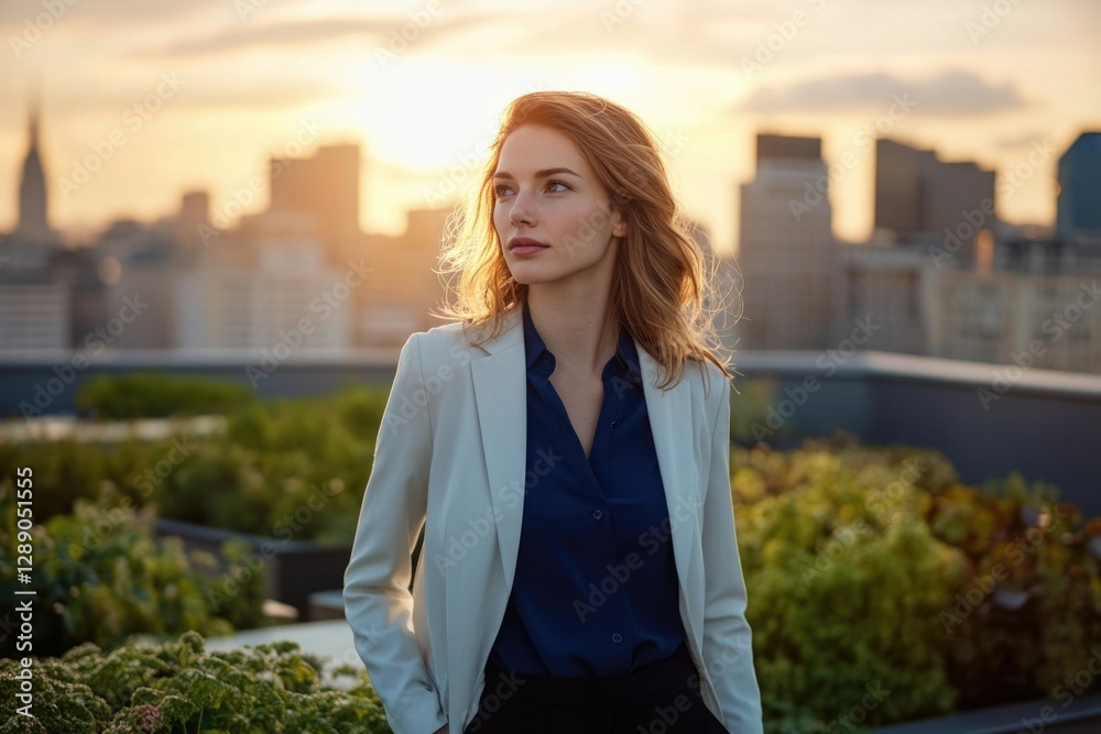 Fototapeta premium A young businesswoman contemplates the city skyline at sunset from a rooftop garden.