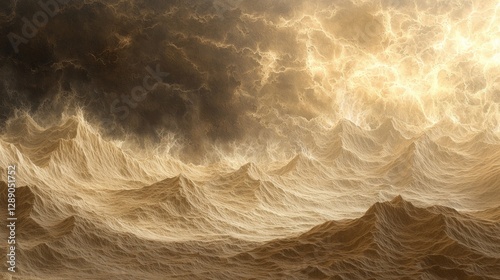 Dramatic Ocean Waves Under Dark Stormy Skies with Golden Lighting Highlights Creating a Visual Spectacle of Nature's Fury photo