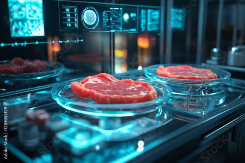 Lab-grown meat on display in futuristic laboratory setting