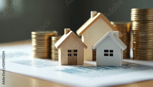 Wooden house models, stack of coins on business graph. Rising costs of real estate, housing market crisis concept, mortgage rates increasing, unaffordable home prices, economic recession,
