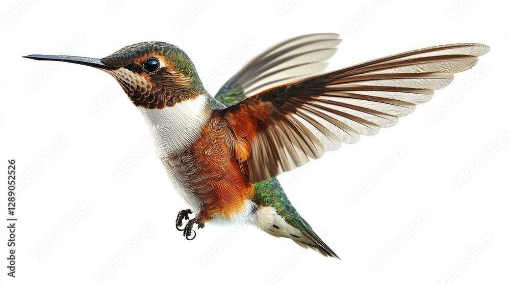 Fototapeta premium Close-Up of a Hummingbird in Flight with Outstretched Wings Against a White Background