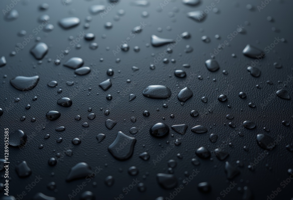 Water droplets on a dark surface with various sizes in a detailed macro shot Water droplets on a dark surface with various sizes in a detailed macro shot