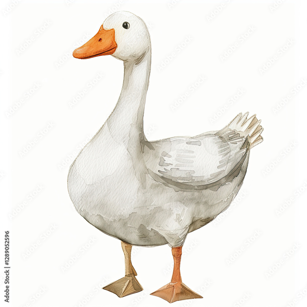 Watercolor white goose, character design of a silly goose, vintage style Watercolor white goose, character design of a silly goose, vintage style
