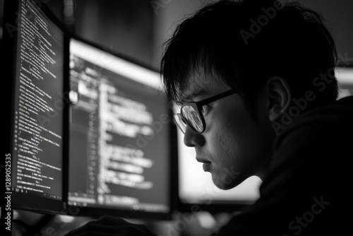 A focused programmer intently studies lines of code on dual monitors, immersed in software development.