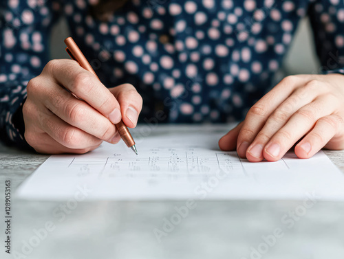 Close-up view of cozy home office lifestyle writing notes at desk photo