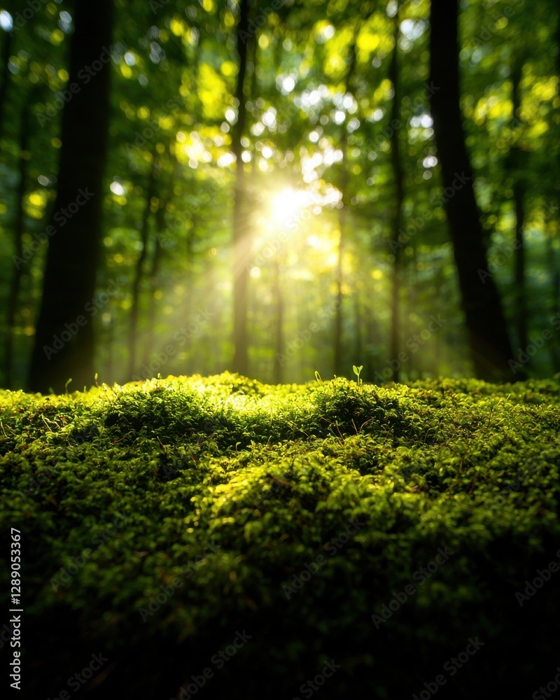 Obraz premium Sunlight filtering through lush green forest nature scene mossy ground tranquil environment